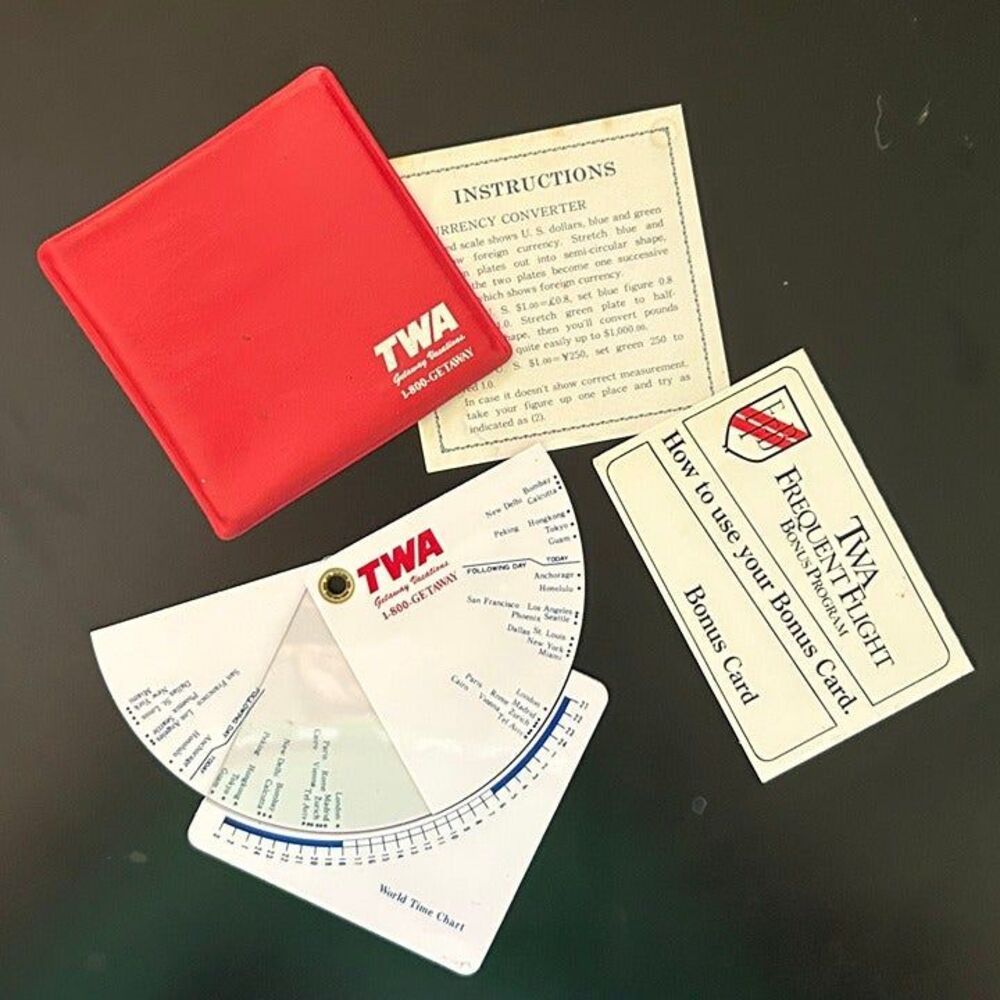 Vintage TWA GETAWAY World time Chart & US Currency Converter. 1987